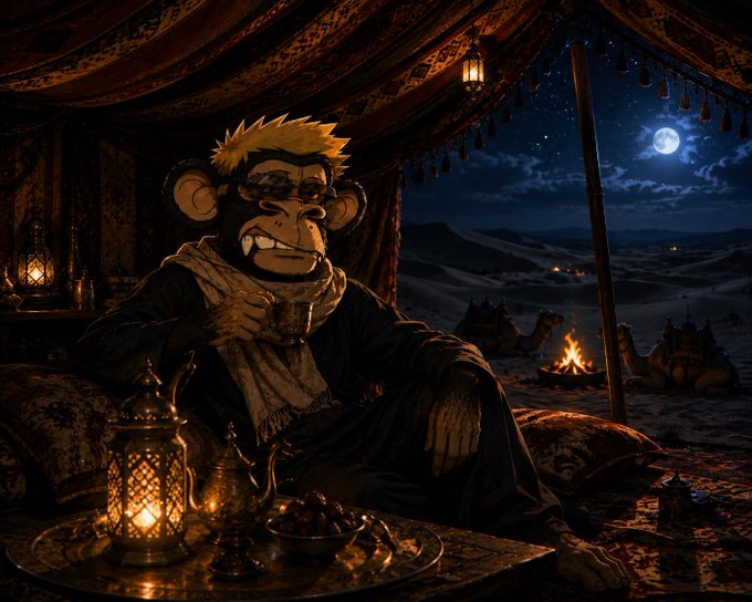 A digital artwork of an anthropomorphic monkey in desert attire sitting inside a tent, holding a cup, with a desert landscape, camels, and a campfire visible outside under a full moon.