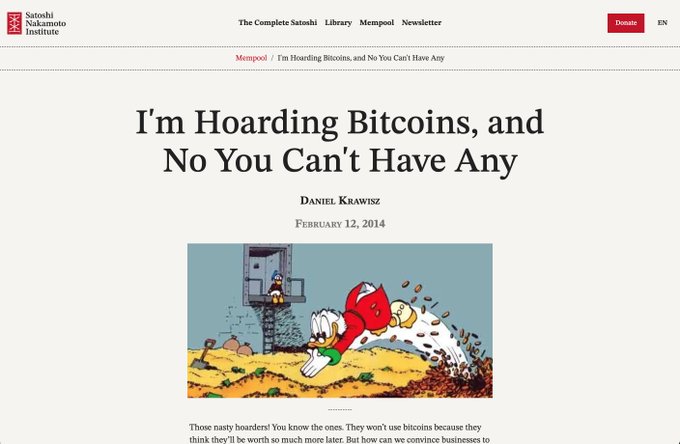 Screenshot of a Satoshi Nakamoto Institute page titled 'I'm Hoarding Bitcoins, and No You Can't Have Any' by Daniel Krawisz, dated February 12, 2014, featuring a Scrooge McDuck cartoon.