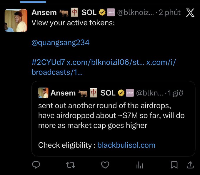 A tweet from Ansem (@blknoiz) tagged @quangsang234 referencing a Blackbull SOL airdrop of approximately $7M, with a link to check eligibility at blackbullsol.com.