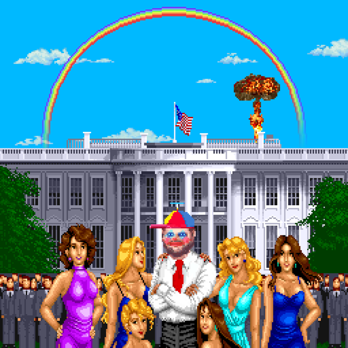 A pixel art-style image depicting a bearded man in a red tie and colorful cap standing with five women in front of the White House, which features an American flag and a mushroom cloud explosion in the background beneath a rainbow.