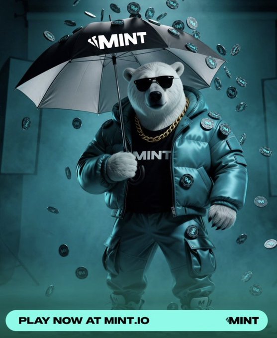 A promotional ad showing the same 'MINT' polar bear mascot in sunglasses and a teal jacket holding a MINT umbrella amid falling coins, with a banner reading 'PLAY NOW AT MINT.IO' and the MINT logo.