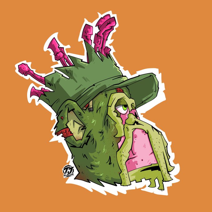 A cartoon illustration shows a green, zombie-like dragon head wearing a crown with pink horns or swords protruding from it.
