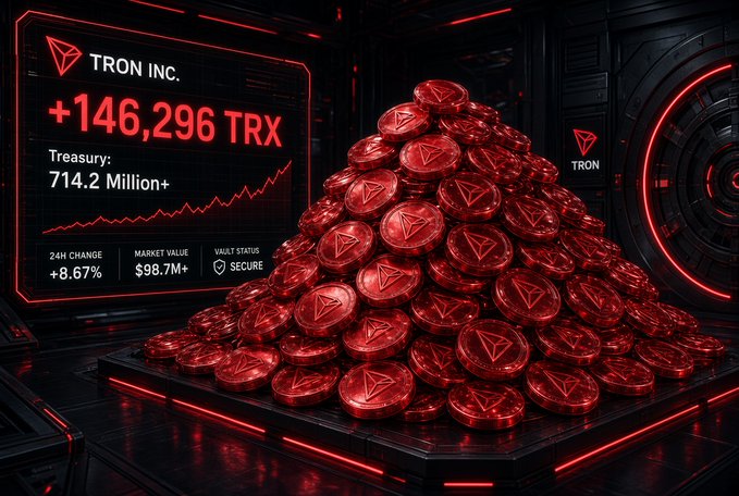 A glowing pile of red TRON (TRX) coins is displayed next to a digital dashboard highlighting Tron Inc.'s recent +146,296 TRX purchase, a treasury exceeding 714.2 million tokens, an 8.67% 24-hour gain, and a market value of $98.7M+. The visual reinforces the post's theme of Tron Inc.'s aggressive digital asset treasury (DAT) strategy, emphasizing its large-scale TRX accumulation and long-term holding approach.