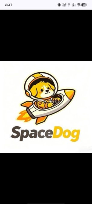 A logo for "SpaceDog" featuring a cartoon dog wearing an astronaut helmet and piloting a rocket, displayed on a mobile phone screenshot with the time 6:47.