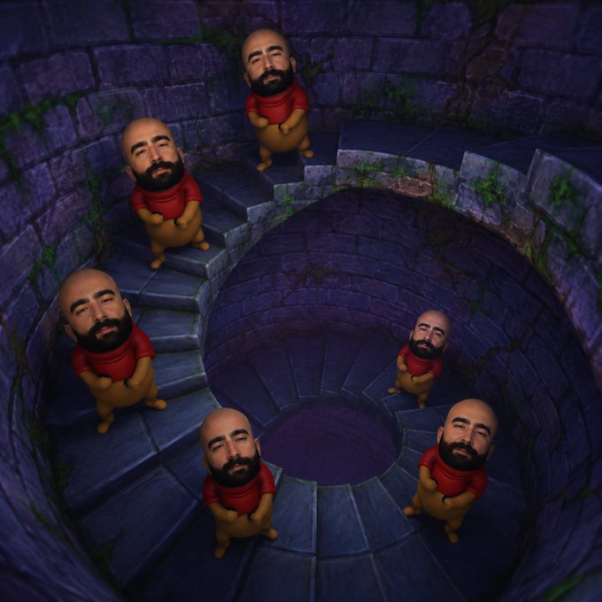 A surreal digital artwork showing six identical figures with oversized bearded heads and small bodies in red shirts, arranged on a spiral stone staircase descending into a deep central well.