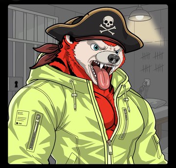 A cartoon illustration of an anthropomorphic red Shiba Inu dog wearing a pirate hat and a bright yellow-green hoodie, with tongue hanging out in a prison cell setting.