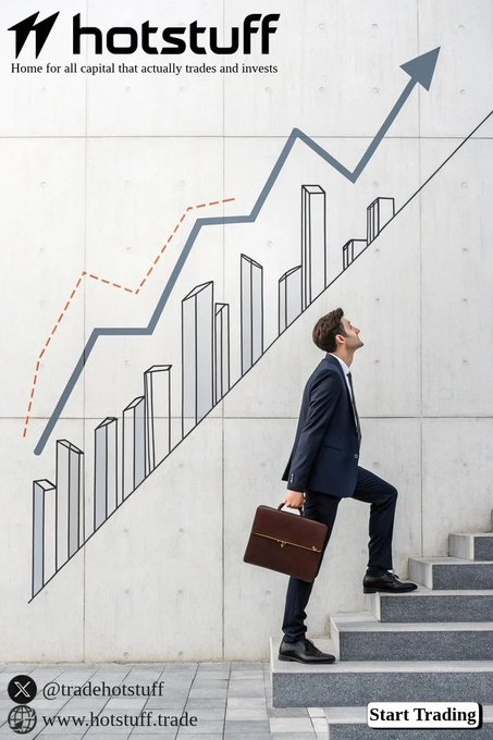 An advertisement for 'hotstuff' featuring a businessman with a briefcase looking up at an ascending arrow chart, with the tagline 'Home for all capital that actually trades and invests' and handles @tradehotstuff and www.hotstuff.trade.