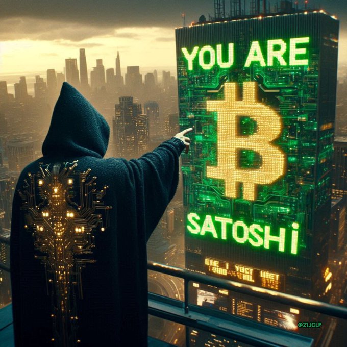 A hooded figure with a glowing circuit-board pattern on their cloak points toward a massive skyscraper displaying a neon green Bitcoin logo and the text "YOU ARE SATOSHI," embodying the post's mysterious call to embrace the identity of Bitcoin's enigmatic creator.