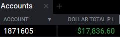 A trading account dashboard displays account number 1871605 with a total P&L of $17,836.60 in green.
