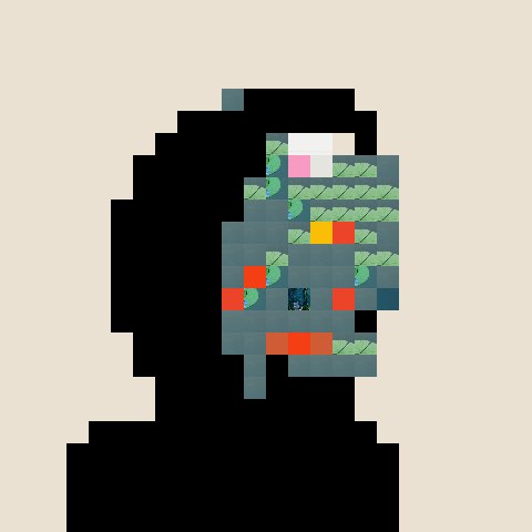 A heavily pixelated, abstract mosaic portrait of a face composed of small colored square tiles against a cream background.