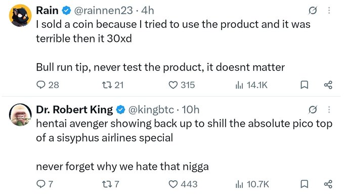 Two cryptocurrency-related tweets: one from @rainnen23 joking about selling a coin after it pumped 30x, and another from @kingbtc criticizing a 'hentai avenger' promoting a Sisyphus Airlines special.