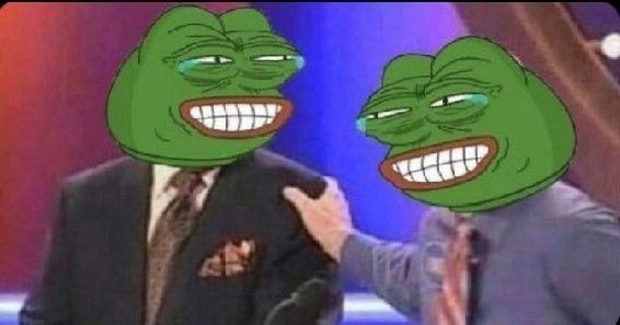 A meme image showing two men in suits shaking hands, both with the 'Smug Pepe' frog face photoshopped over their heads.