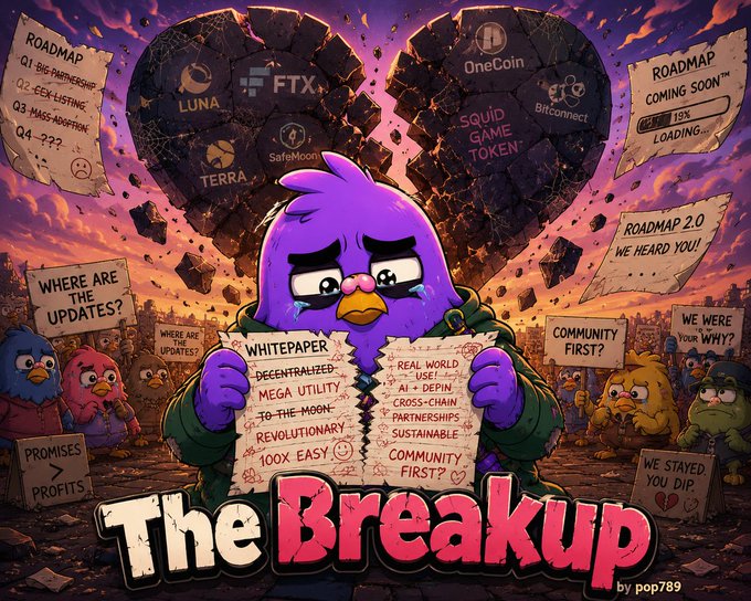 A satirical cartoon titled 'The Breakup' by pop789 depicts a crying purple bird reading a whitepaper labeled 'REAL WORLD USE CASES,' surrounded by logos of failed crypto projects including FTX, LUNA, TERRA, SafeMoon, OneCoin, Bitconnect, and Squid Game Token.