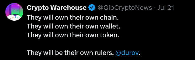 A screenshot of a tweet from Crypto Warehouse (@GibCryptoNews) quoting @durov, stating that people "will own their own chain, wallet, token" and "be their own rulers." The caption "Samsung Chain anyone?" humorously speculates on Samsung potentially launching its own blockchain ecosystem, aligning with the tweet's theme of decentralized self-sovereignty.