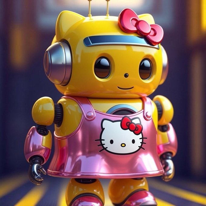 A robotic yellow cat character resembling Hello Kitty, wearing a pink dress and bow, stands prominently in the image, symbolizing fierce loyalty to "Bonk guy" much like a devoted fan pledges unwavering support.