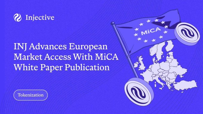 A promotional graphic featuring the Injective logo, EU map, and a flag labeled "MiCA" announces "INJ Advances European Market Access With MiCA White Paper Publication," highlighting Injective's regulatory positioning in Europe. This aligns with the post's news about Canary's staked $INJ ETF filing (ticker $INJS), as MiCA compliance is a key step for crypto ETFs seeking broader European market access.