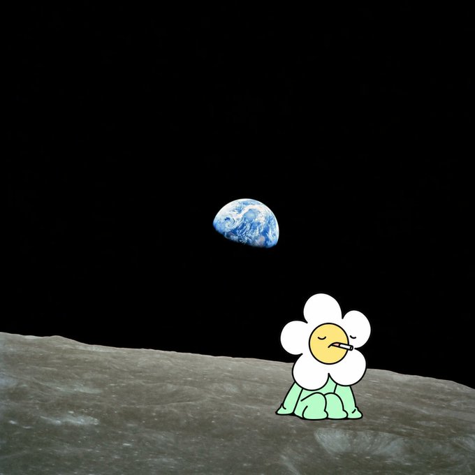 A sleepy cartoon daisy sits on the moon's surface with a cigarette in its mouth, looking up at Earth rising in the black space above. The image humorously captures a "late-night, one-more-hit" mood that pairs with the post's reflection on perseverance: acknowledging the grind before starting another round tomorrow.