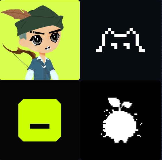 A pixel art composite featuring four quadrants: a chibi-style archer character with a green hat on a lime background, a white pixelated bridge on black, a lime square with a black dash (resembling a Pac-Man ghost minus eyes), and a white pixelated apple-like fruit. The image serves as visual branding for "@pxidentities - 100% On-Chain Pixel Art," highlighting the pixel art aesthetic and utility of the NFT collection mentioned in the accompanying tweet.