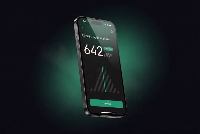 A 3D render of a smartphone displaying a 'Credit Application' screen with a score of '642/850' marked as 'EXCELLENT' and a 'Continue' button.