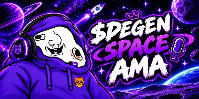 A vibrant purple and pink digital illustration featuring a hooded character wearing headphones, set against a space backdrop with planets and a rocket, alongside the text '$DEGEN SPACE AMA'.