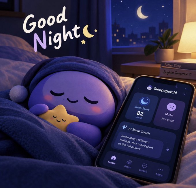 A sleepy purple "Sleepagotchi" plush hugs a star under cozy blankets beside a phone showing the Sleepagotchi app (Sleep Score 82, Mood: Not great, AI Sleep Coach) with "Good Night 🌙" overhead — a cozy bed-time scene that matches the post's nightly ritual of logging mood and doing the daily gacha to stack Sleep Points toward the $CHI airdrop.