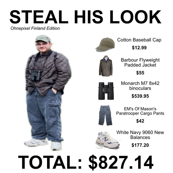 A 'STEAL HIS LOOK' fashion breakdown titled 'Ohnepixel Finland Edition', listing clothing items and a total cost of $827.14.