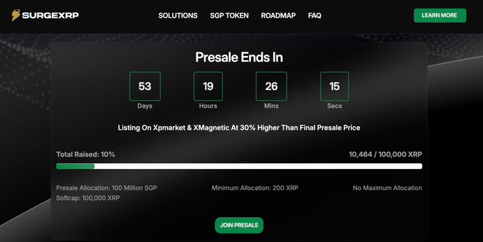 xtrp.com's page displays a black background with white text, including the title "SurgeXRP" and a list of features such as "Living on market & magneto 30, Higher than final price", "Presale ends in 53 days", and "Minimal allocation".