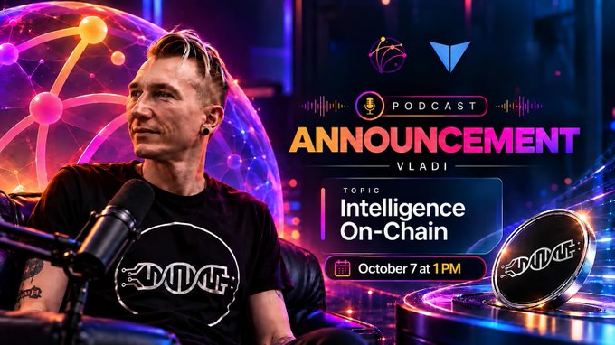 A man wearing a black "DMA" t-shirt sits in front of a microphone alongside a promotional graphic for the "Intelligence On-Chain" podcast featuring Vladi, scheduled for October 7 at 1 PM, visually introducing the AI and decentralized networks discussion mentioned in the post.