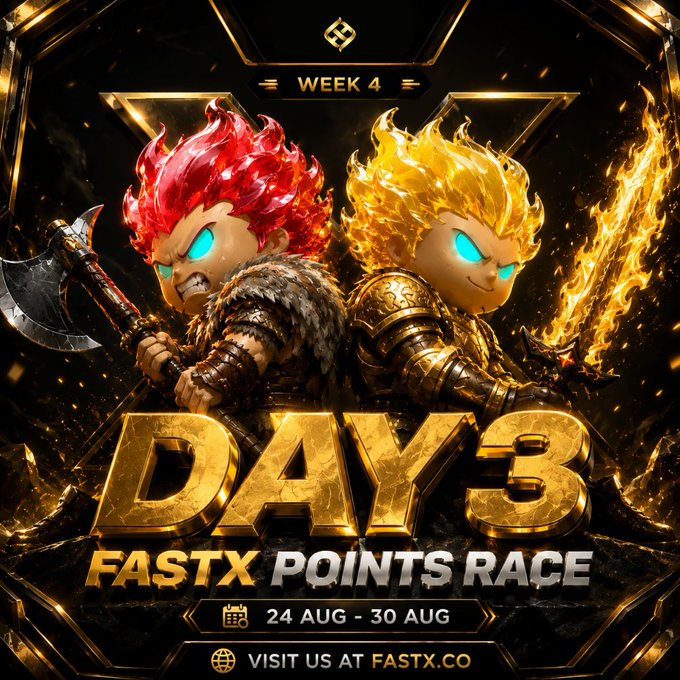 A promotional 'DAY 3 FASTX POINTS RACE' poster for Week 4 (24 Aug – 30 Aug), featuring two chibi warrior characters with red and gold flaming hair, one wielding an axe and the other a flaming sword, with 'VISIT US AT FASTX.CO' at the bottom.