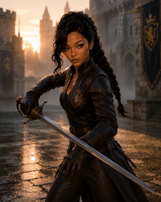 A fantasy-style digital artwork of a woman with long braided hair holding a sword in front of a castle with golden lion banners at sunset.