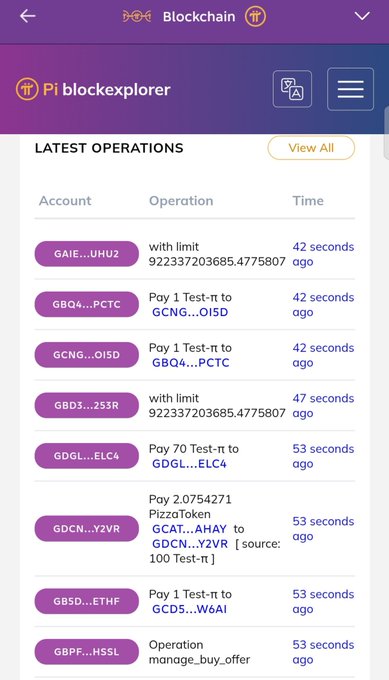 A Pi blockexplorer mobile interface showing LATEST OPERATIONS including Test-π payments and PizzaToken transactions.