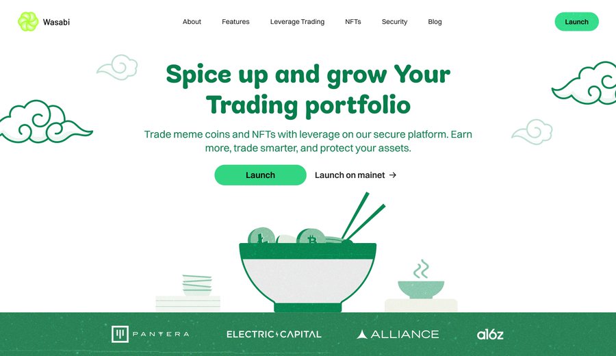 The Wasabi website homepage features the headline "Spice up and grow Your Trading portfolio" with an illustration of a ramen bowl and logos for Pantera, Electric Capital, Alliance, and a16z.