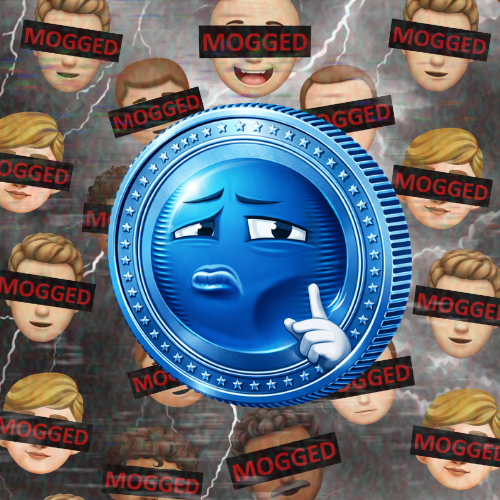 A meme image featuring a sad, thinking coin surrounded by 'MOGGED' labels overlaid on cartoon faces, suggesting a cryptocurrency getting outperformed by the MOG token.