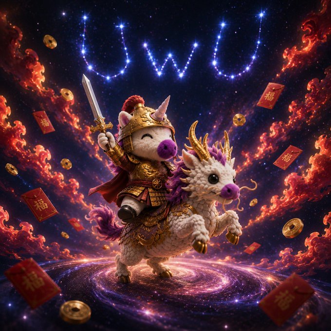 An adorable pig knight in golden armor with a red plume rides a white dragon with purple accents through a cosmic galaxy, brandishing a sword amid floating red envelopes bearing the Chinese character "福" (fortune), gold coins, and dramatic red nebula clouds under sparkling constellations.