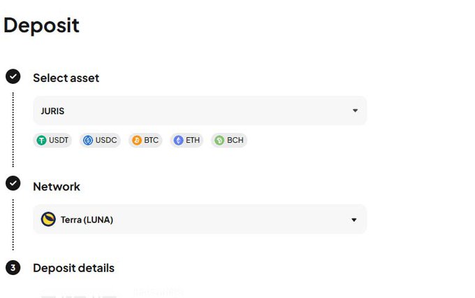 A cryptocurrency deposit screen showing asset selection for JURIS with options for USDT, USDC, BTC, ETH, BCH, and network selection for Terra (LUNA).