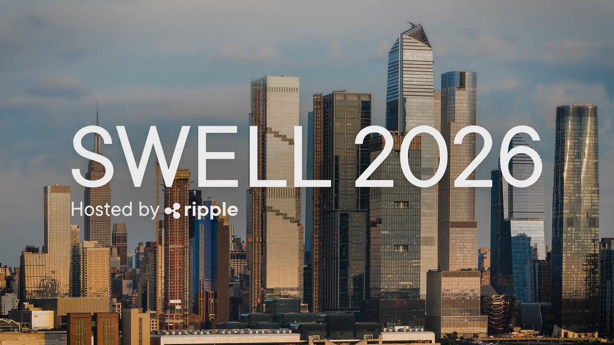 A promotional image for 'SWELL 2026' hosted by Ripple, with the event title overlaid on a scenic photo of a modern city skyline at sunset.
