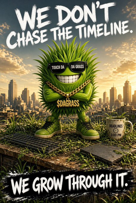 A 3D-rendered anthropomorphic grass character wearing sunglasses that read 'TOUCH DA GRASS', a gold chain with a '$DAGRASS' pendant, and sneakers stands on a rooftop with the city skyline behind, with the text 'WE DON'T CHASE THE TIMELINE.' and 'WE GROW THROUGH IT.'