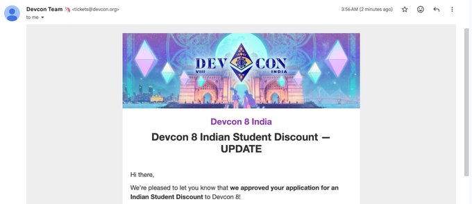 A promotional banner for "Devcon 8 India" reads "Devcon 8 Indian Student Discount — UPDATE," indicating the recipient's application for an Indian Student Discount to Devcon 8 has been approved—exciting news for those attending.