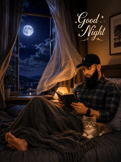 A bearded man in a cap reads a book in bed beside a fluffy cat under a full moonlit night sky, with "Good Night" written in elegant script above. The cozy, reflective scene complements the post's introspective tone about overcoming challenges and Twitter's role in the web3 community.