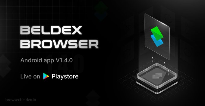 The image features a banner for the Android app version 1.4.0 of the Beldex browser, which is now live on PlayStore. The app has been updated with new features such as Freename Web3 domain support, 7 new languages added, and more updates coming soon.