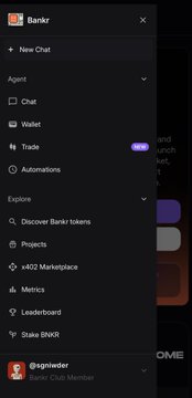 A dark-themed sidebar menu for 'Bankr' displays options including New Chat, Agent, Explore, Automations, and a user profile for '0xgioowder'.