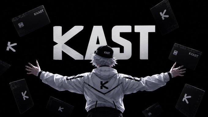 A person with white hair wearing a cap and jacket stands with arms outstretched facing a large 'KAST' logo, surrounded by floating dark cards bearing a 'K' symbol.