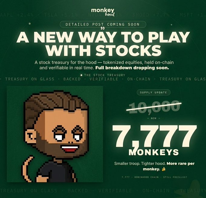 Monkeyhood promotional image announcing 'A NEW WAY TO PLAY WITH STOCKS' with a pixelated monkey NFT character and supply update showing 7,777 monkeys.