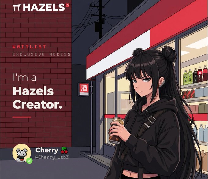 An anime-style girl in a black hoodie holds a drink outside a convenience store, overlaid with "HAZELS" branding and the text "I'm a Hazels Creator" along with "WAITLIST EXCLUSIVE ACCESS" and the username "Cherry @Cherry_Web3." The image visually represents the creator's entry into the Hazels campaign, complementing the post about climbing the Top 100 leaderboard to earn a share of the $7,500 reward pool before the November 3 deadline.