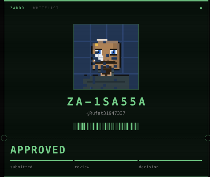 A ZADDR whitelist approval screen displaying a pixel art character with the ID 'ZA-1SA55A' by @Rufat31947337, marked as APPROVED.