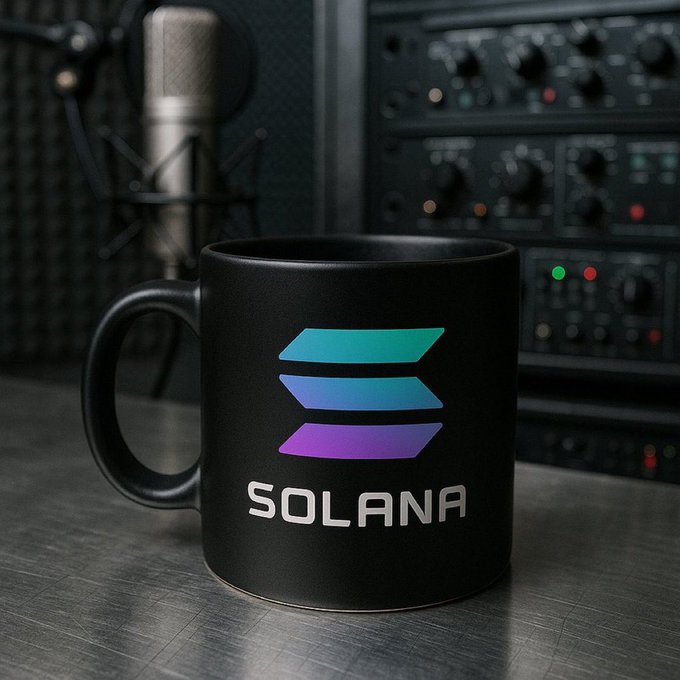 The image features a black coffee mug with the word "Solana" written on it. The mug is placed on top of a table next to a microphone, suggesting that someone might be preparing for a recording session or an event related to the Solana cryptocurrency.