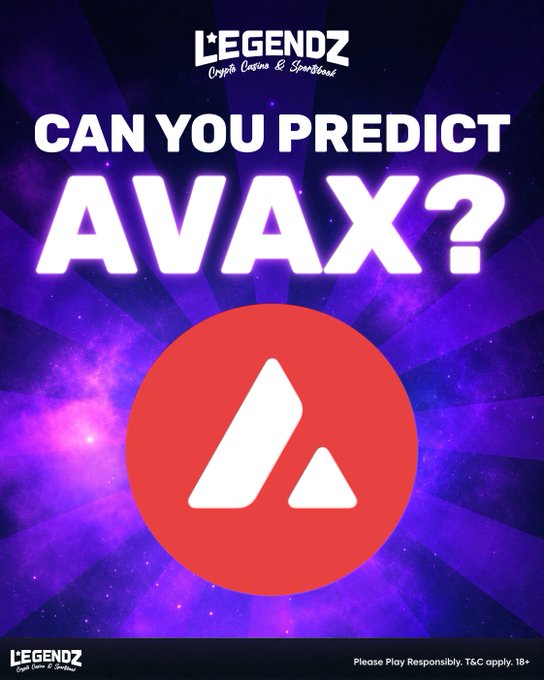 A purple promotional graphic from 'LEGENDZ Crypto Casino & Sportsbook' asking 'CAN YOU PREDICT AVAX?' featuring the Avalanche (AVAX) logo.