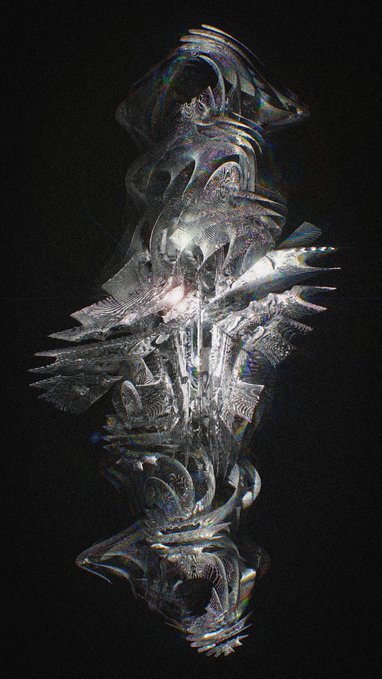 An abstract, metallic, iridescent sculptural form with intricate layered, spiky textures against a black background.