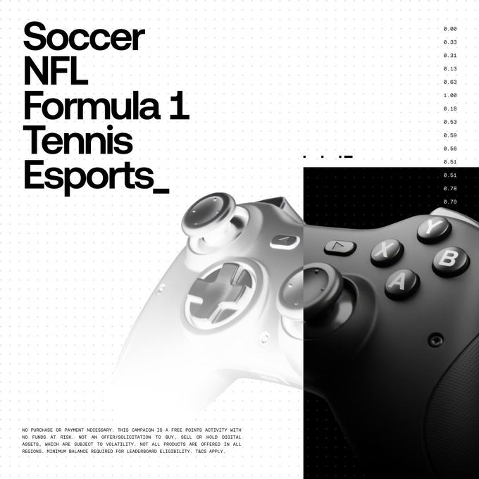 A black-and-white promotional graphic for Kindrsm (or similar sports prediction platform) listing sports like 'Soccer, NFL, Formula 1, Tennis, Esports' next to a game controller image and decimal odds, with a disclaimer about a free points activity at the bottom.