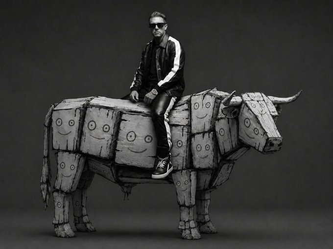 A man in sunglasses, a striped jacket, and high-top sneakers sits atop a large sculptural bull made of wooden blocks painted with smiley faces, set against a dark studio backdrop. The whimsical "Tang Gang" bull sculpture and the post's reference to "$TBB" (The Bitcoin Bull) suggest a playful fusion of crypto culture and art, depicting a figure casually riding the symbolic bull of a rising market.